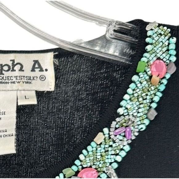 Joseph A Beaded Black Sleeveless Top Size L Turquoise Detail Keyhole Neck Boho - Picture 7 of 7